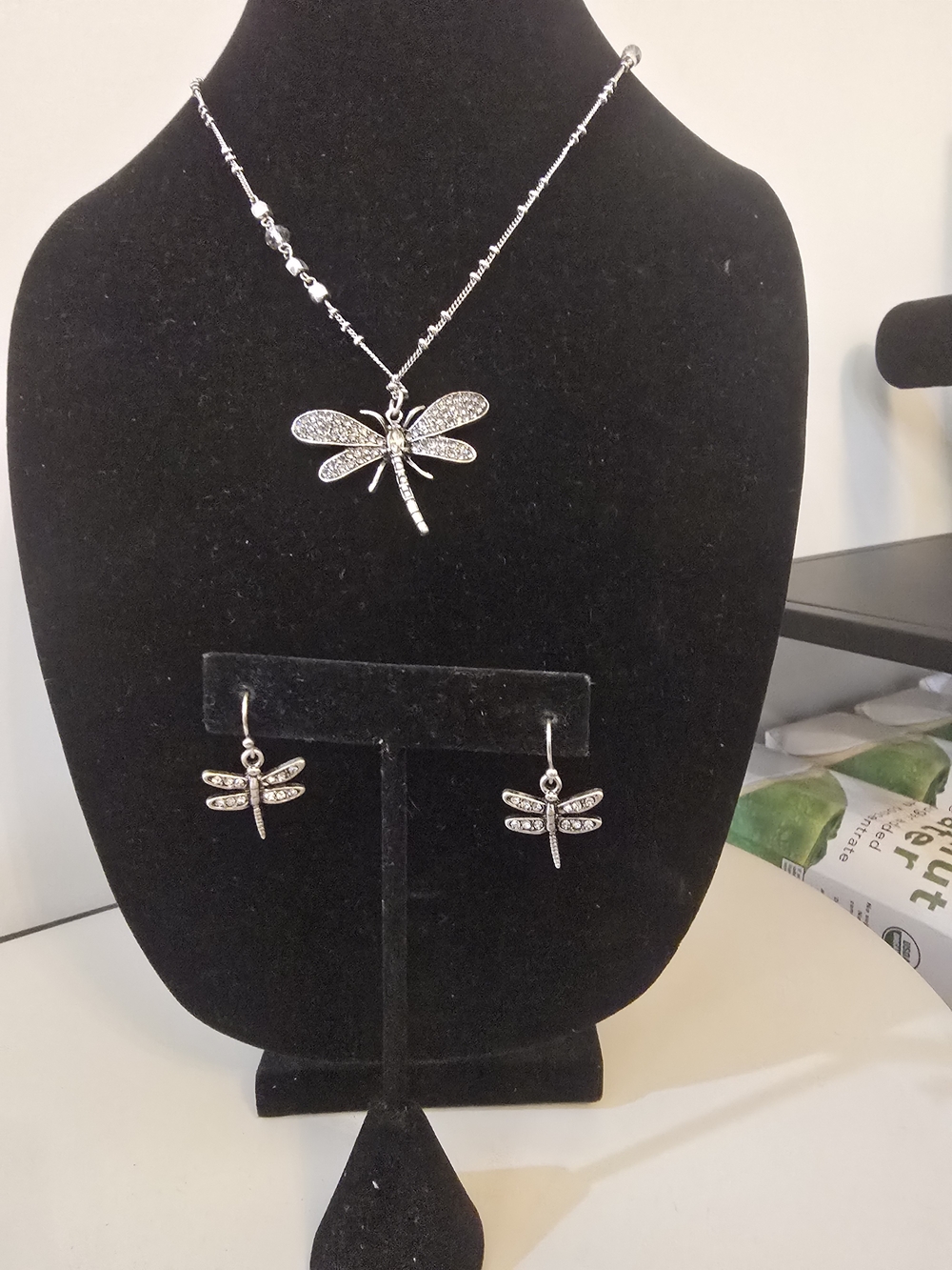 Silver Marcasite Dragonfly Pendant Necklace and Earrings Set
